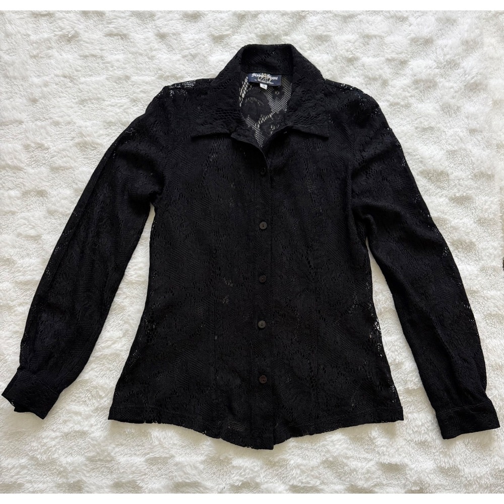 Bisou Bisou Michele Bohbot Black Lace Button Down Shirt Sheer Sz Small EUC17